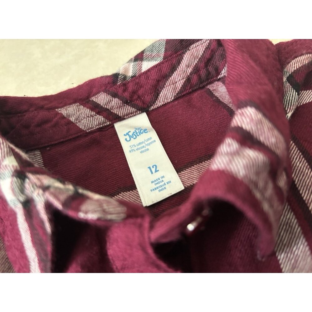 Justice Girl's Burgundy White Plaid Long Sleeve Soft Button Up Shirt Sz 12 - Picture 4 of 5